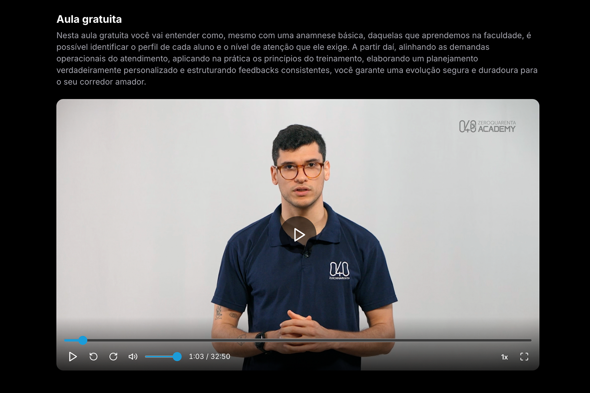 A aula gratuita dentro da plataforma: descrição da aula e o player de vídeo